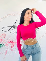 Rhinestone Long Sleeve Pink Top