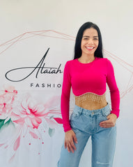 Rhinestone Long Sleeve Pink Top