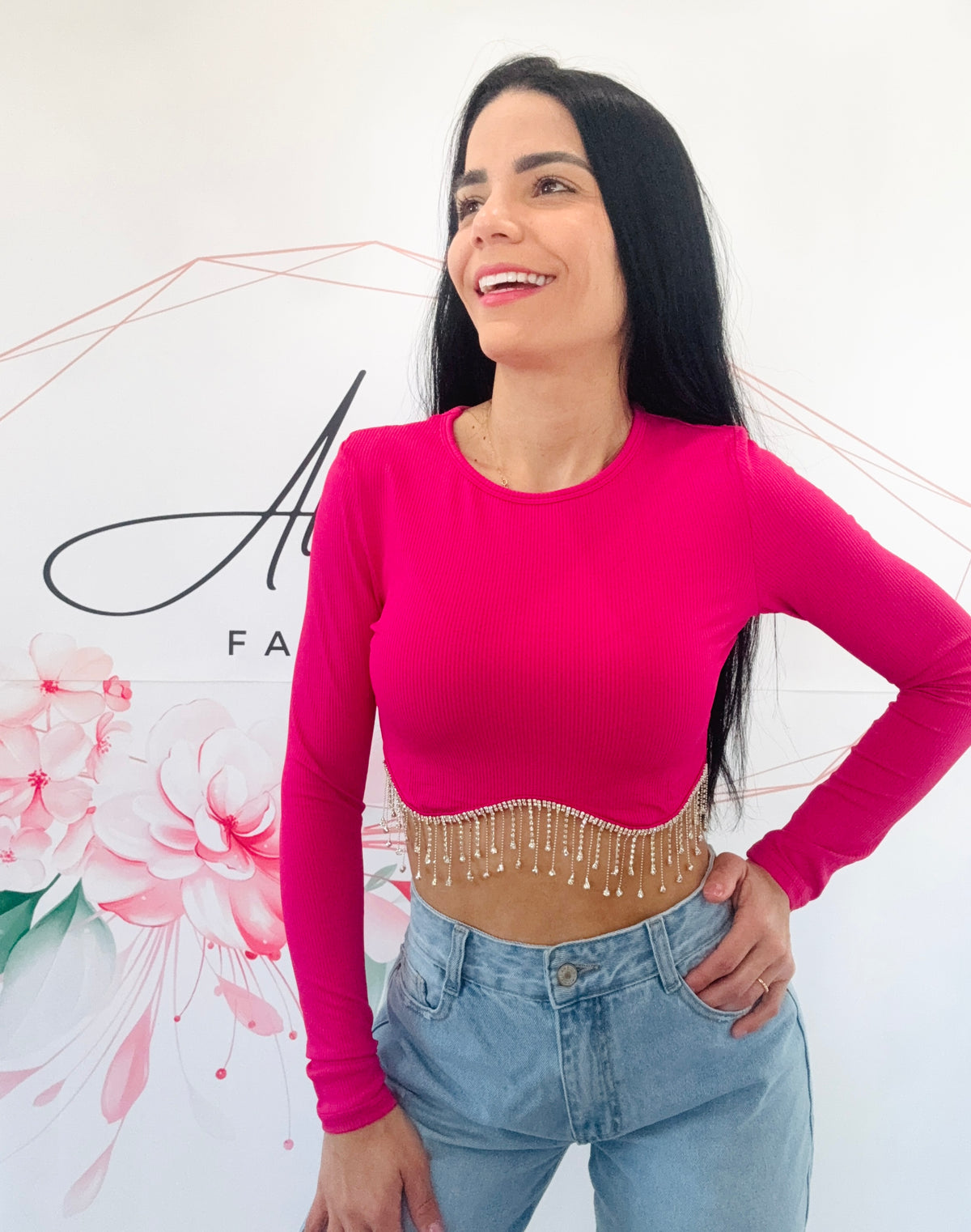 Rhinestone Long Sleeve Pink Top